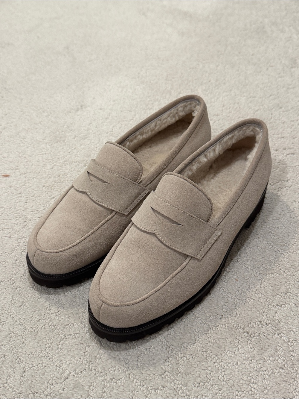 Shearling-Lined Suede Penny Loafers in Light Taupe